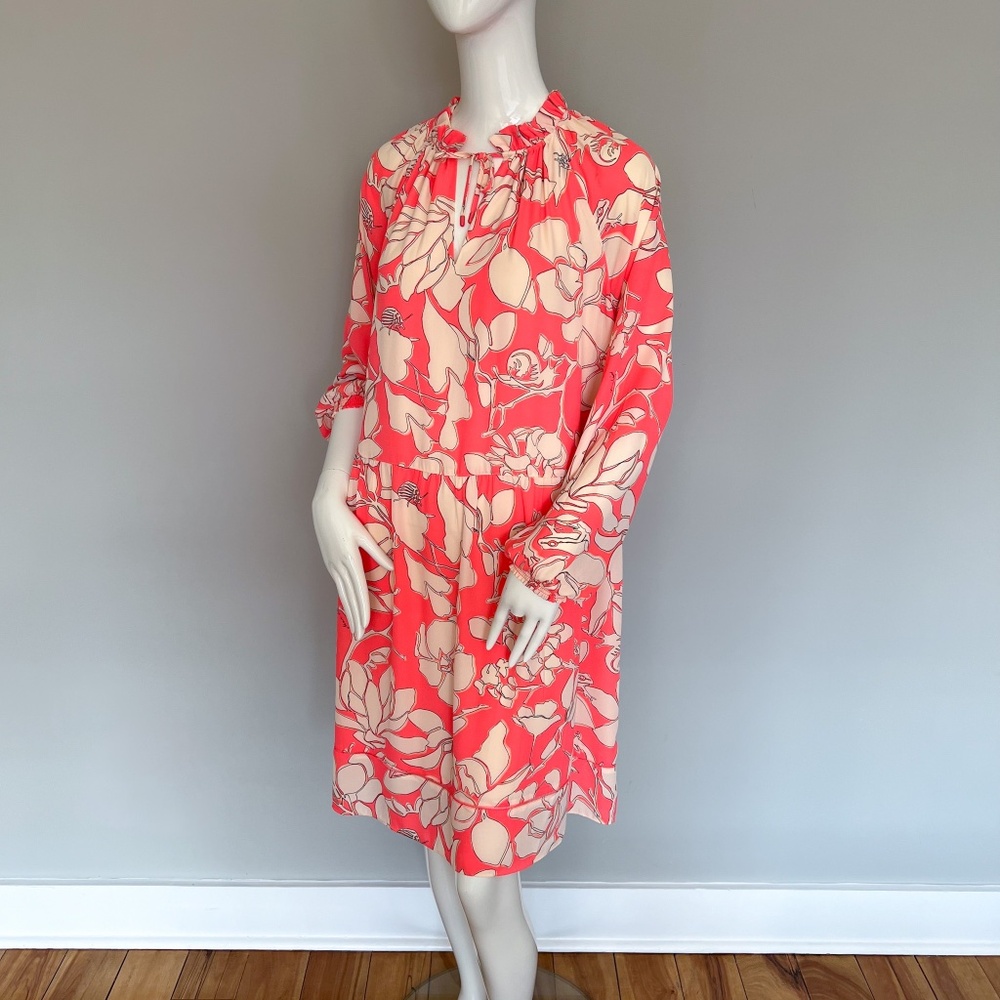 $440 NWT Marc Cain Floral Neon Pink Cream Long Sleeve Short Above Knee Dress N3